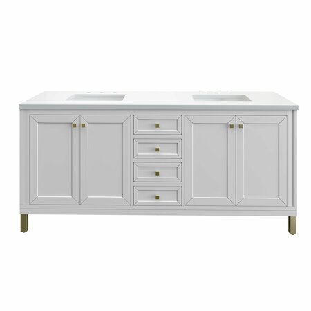 JAMES MARTIN VANITIES Chicago 72in Double Vanity, Glossy White w/ 3 CM White Zeus Top 305-V72-GW-3WZ